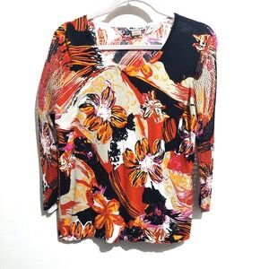 Negard Collection Womens L Knit Pullover Top 3/4 Sleeve Floral Embellished Beads